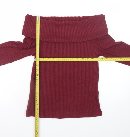 New Look Women's Burgundy Off Shoulder Ribbed Jumper Size 12