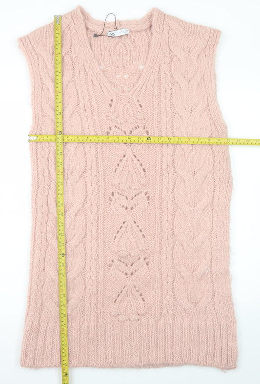 ZARA Women Pink Knit Sleeveless V-Neck Midi Dress M