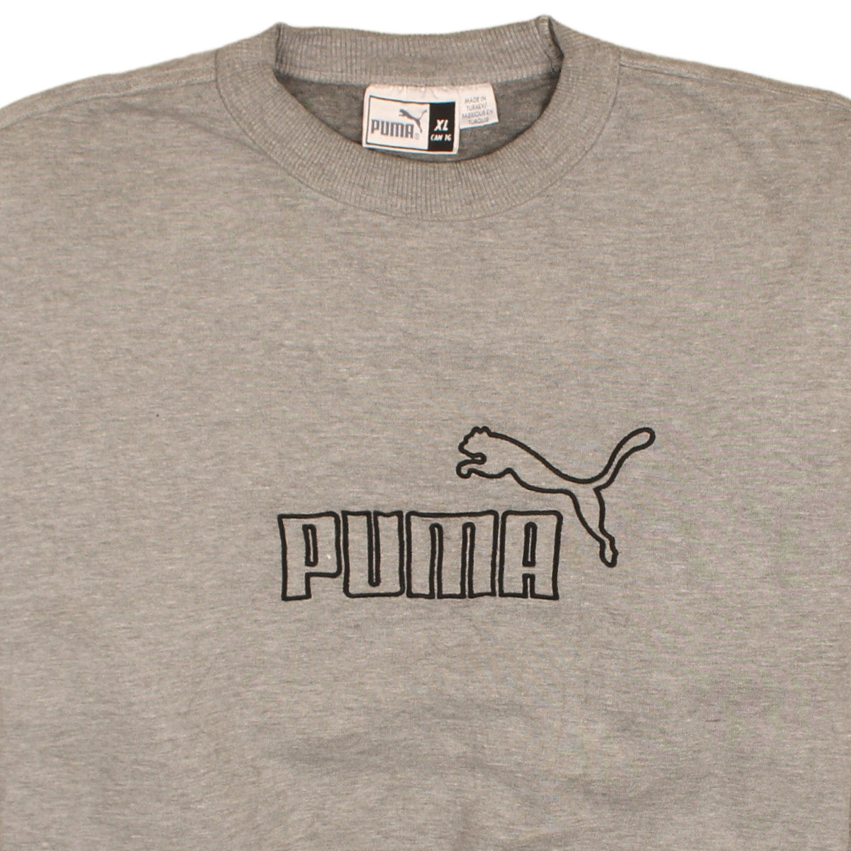 Brand and care label for Puma men’s grey xl pullover sweatshirt crew neck sportswear
