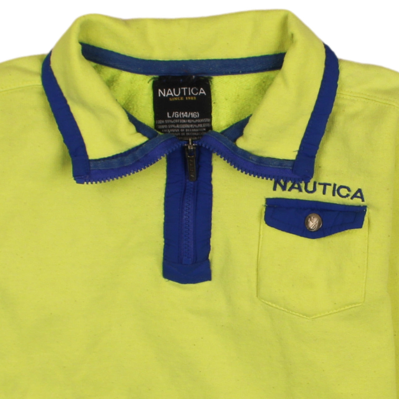 Brand and care label for Nautica Teens Yellow Half Zip Sweatshirt L 14/16 Cotton Blend