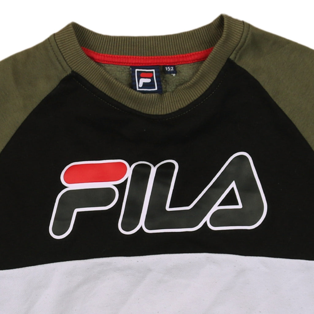 Brand and care label for Fila boys’ khaki black colourblock crew neck sweatshirt, size 152, cm