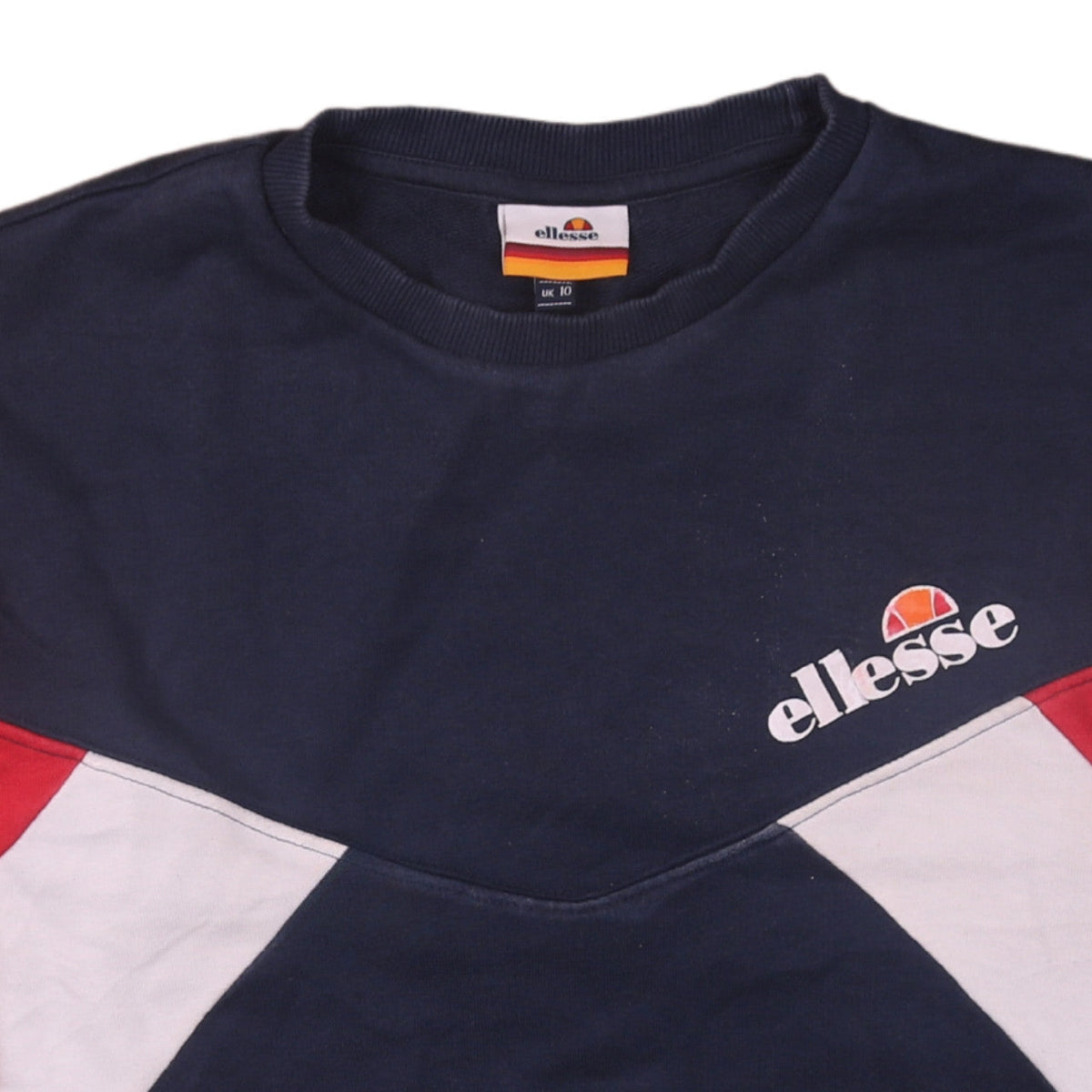 Brand and care label for Ellesse women’s navy red colourblock sweatshirt uk 10