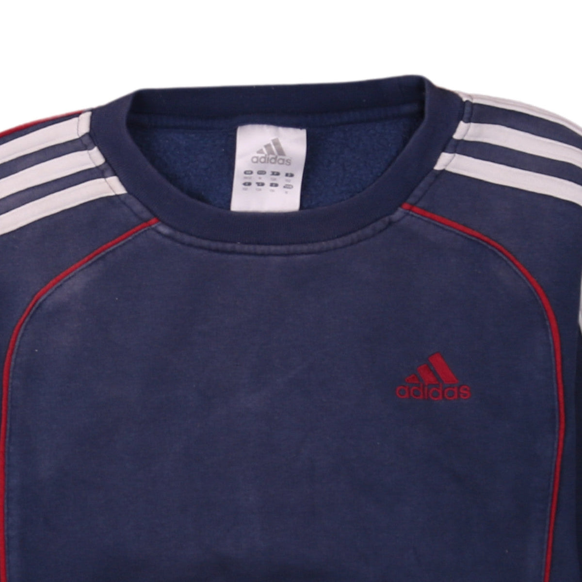 Brand and care label for Adidas boys’ blue crew neck pullover sweatshirt, size 152, logo sportswear