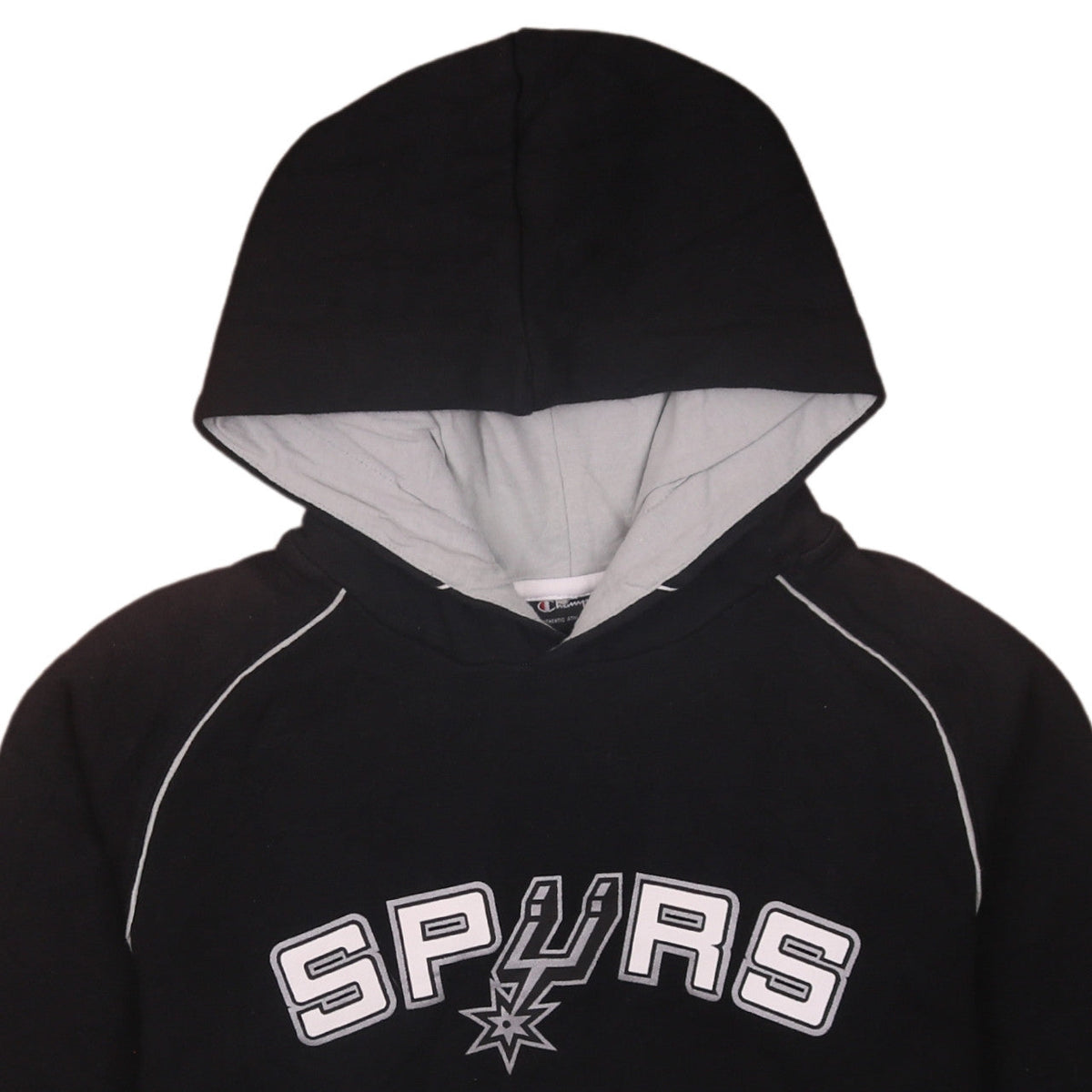 Brand and care label for Champion boys’ black spurs pullover hoodie 11-12 years fleece lined
