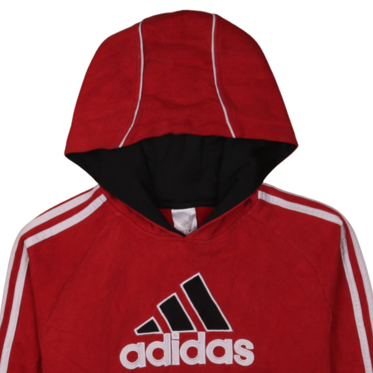Brand and care label for Adidas boys’ red pullover hoodie 12 years stripe logo fleece sweatshirt