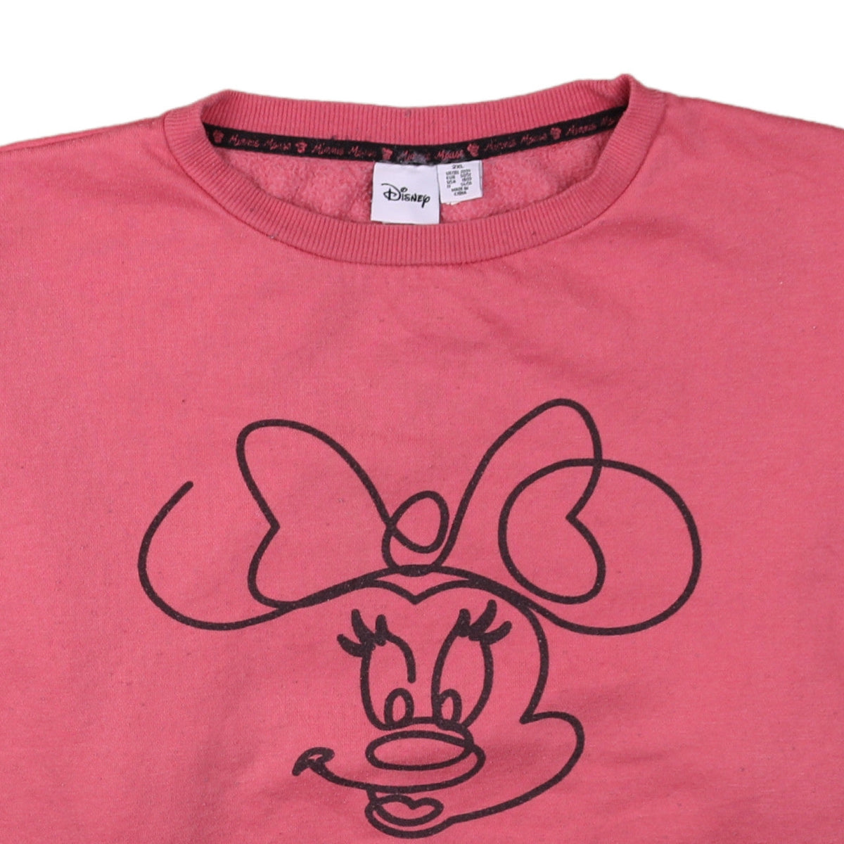 Brand and care label for Disney Women Pink Minnie Mouse Sweatshirt 2XL Pullover Cotton Blend