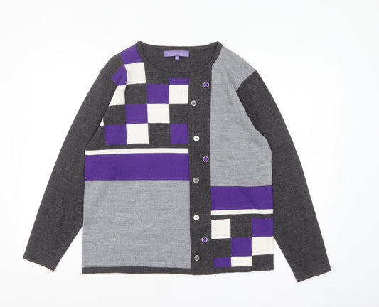 Additional front view of Autonomy Women's Grey Purple Geometric Button Cardigan M