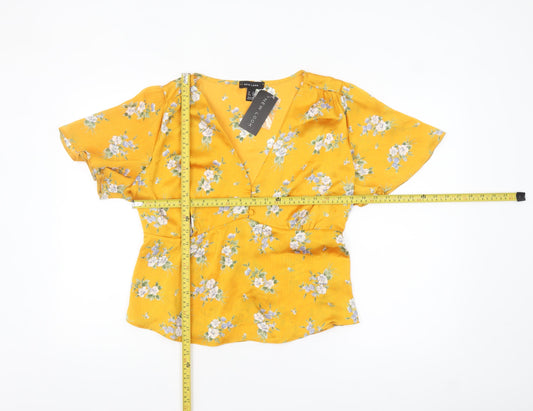 New Look Women's Yellow Floral Wrap Blouse Size 18 Short Sleeve
