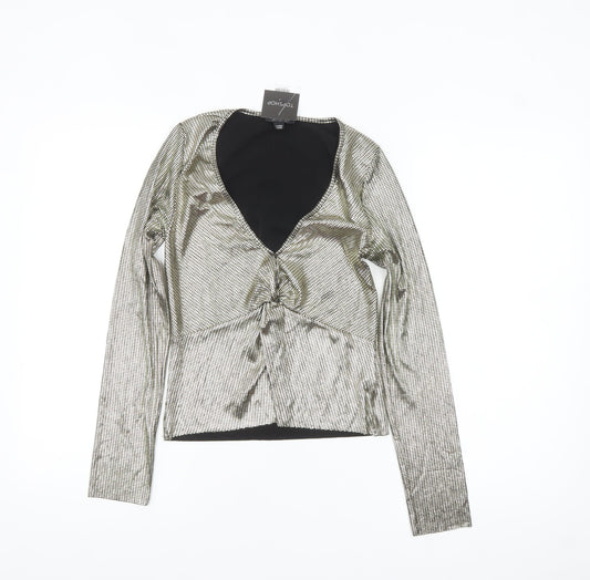 Topshop Womens Gold Metallic Wrap Blouse Size 4 Long Sleeve Party Top