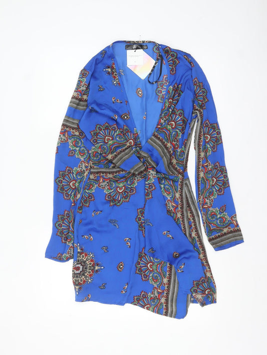 Motel Rocks Women Blue Paisley Wrap Dress UK 6 Long Sleeve Boho Style