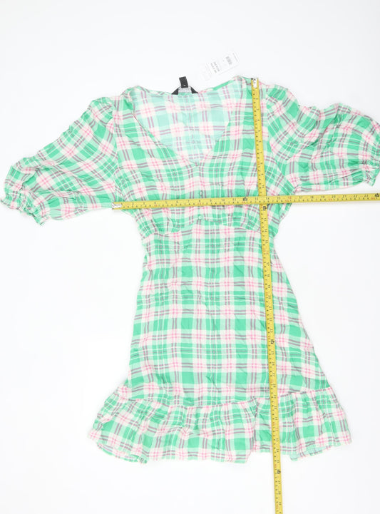 New Look Women's Multicoloured Check Puff Sleeve A-Line Dress Size 12