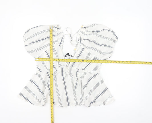 New Look Women White Striped Cotton Cropped Blouse Size 14
