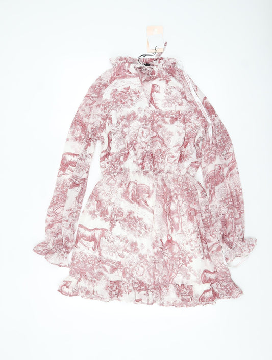 Additional front view of Missguided Women's Multicoloured, size 8, A-Line Chiffon Ruffle Mini Dress