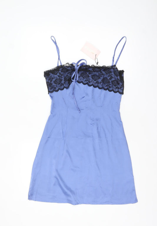 Additional front view of Missguided Women's Blue Lace Satin Slip Dress UK 10
