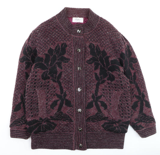 Additional front view of Reflect women’s burgundy black floral knit cardigan s/m