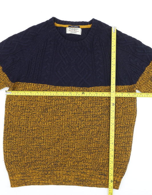Alcott Men's Blue Yellow Chunky Cable Knit Crew Neck Jumper Size L