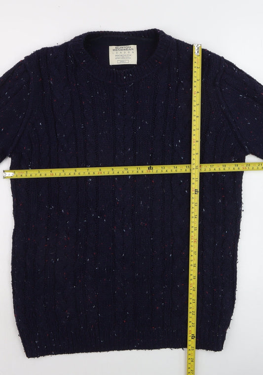 Burton Menswear Navy Wool Cable-Knit Crew Neck Jumper Small