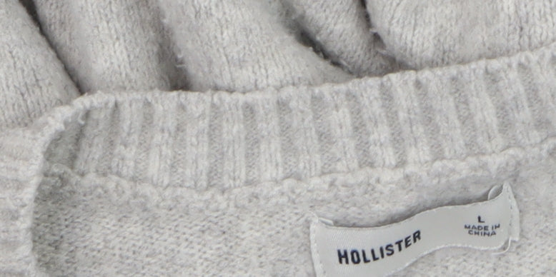 Hollister Womens Grey Cat Embroidered Wool Blend Crew Neck Jumper L