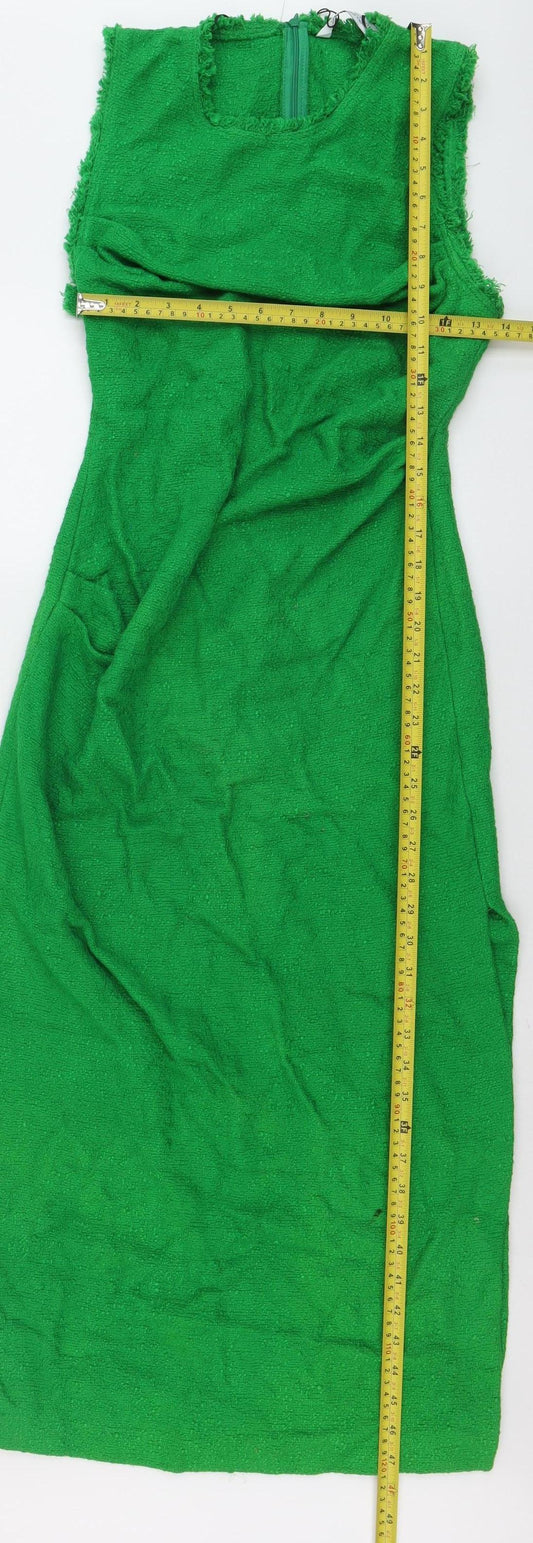ZARA Women Green Sheath Midi Dress Size 8 Fringe Detail