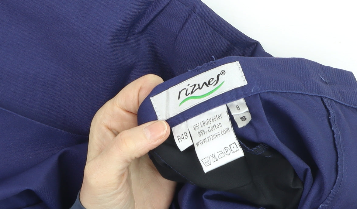 Brand and care label for Rizues Women Blue Workwear Trousers, size 8, Wide-Leg Polyester Blend