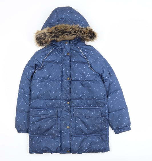 FatFace Teens Blue Star Print Hooded Long Puffer Coat 9/10