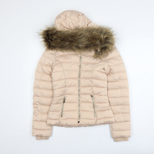 H&M Divided Women’s Beige Faux Fur Hooded Puffer Jacket Size 4