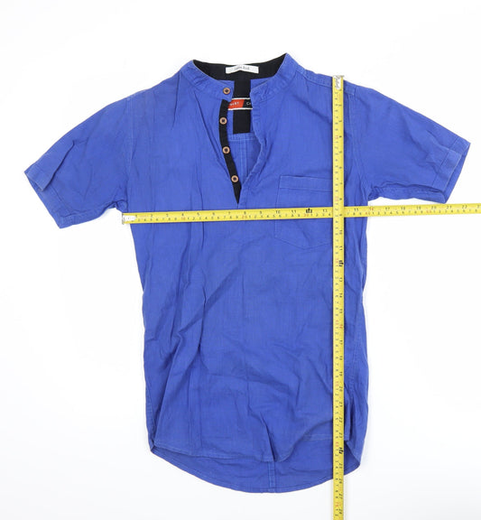 Smart Casual Men's Blue Linen Cotton Short Sleeve Henley Polo Shirt Size S
