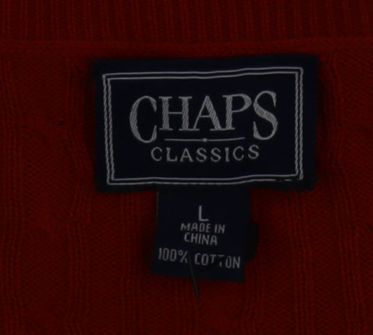 Brand and care label for Chaps women’s red cotton cable knit cardigan l v-neck long sleeve