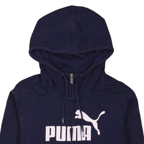 Brand and care label for Puma women’s navy blue full zip hoodie, size UK 12, hooded sweatshirt