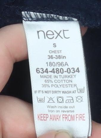 Brand and care label for Next Men’s Blue Hooded Full Zip Jacket, size S, Cotton Blend