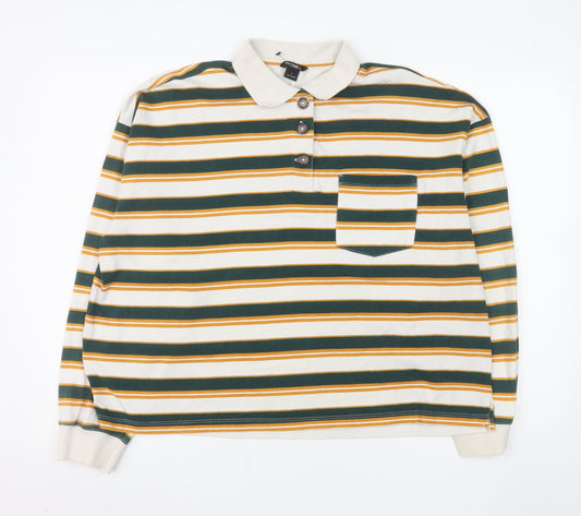 Additional front view of Monki Women’s Multicoloured Striped Collared Long Sleeve Polo Top L