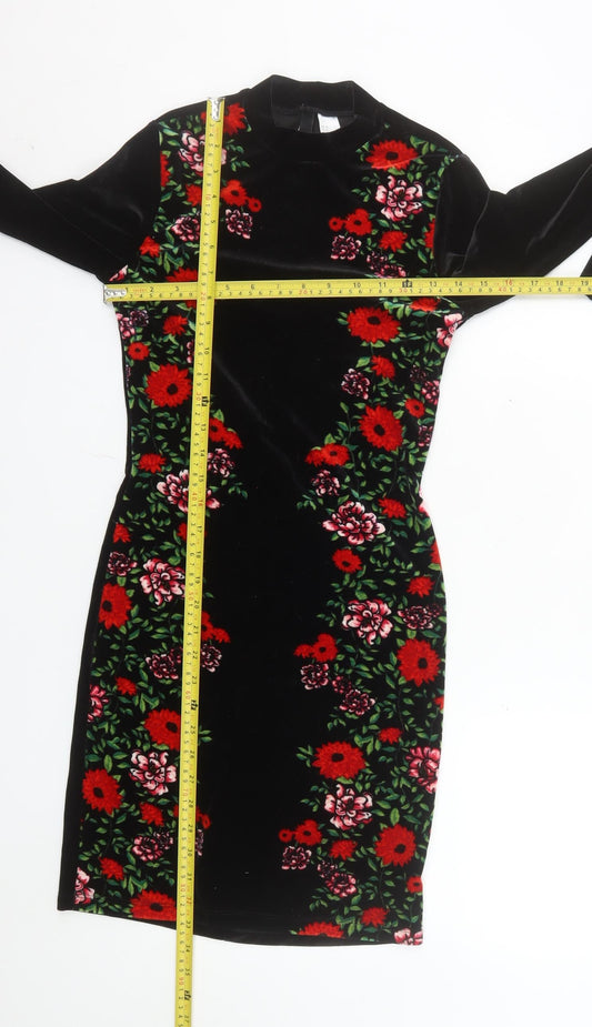 H&M Women Black Floral Velvet Bodycon Dress Size 10 Long Sleeve
