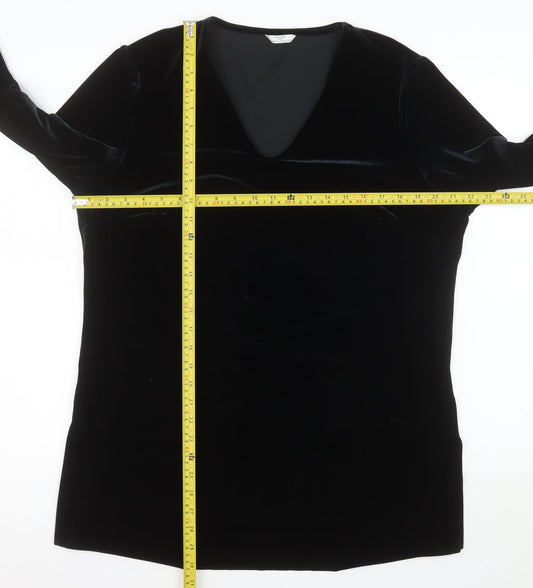 Marks and Spencer Women Black Velvet Shift Dress Size 16 V-Neck Classic