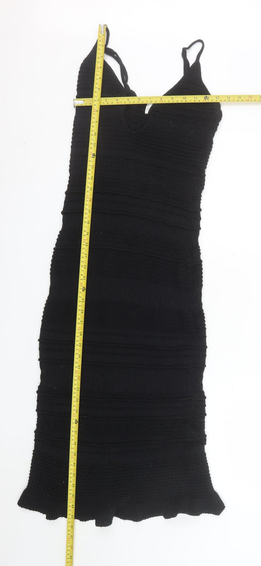 H&M Women Black Knit Bodycon Dress Size S V-Neck Sleeveless Stretch