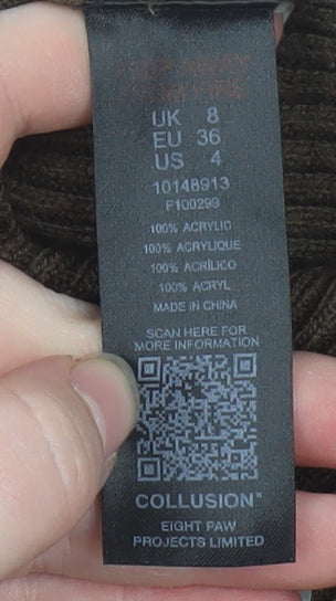 Brand and care label for Collusion Women’s Brown Roll Neck Ribbed Knit Jumper, size UK 8