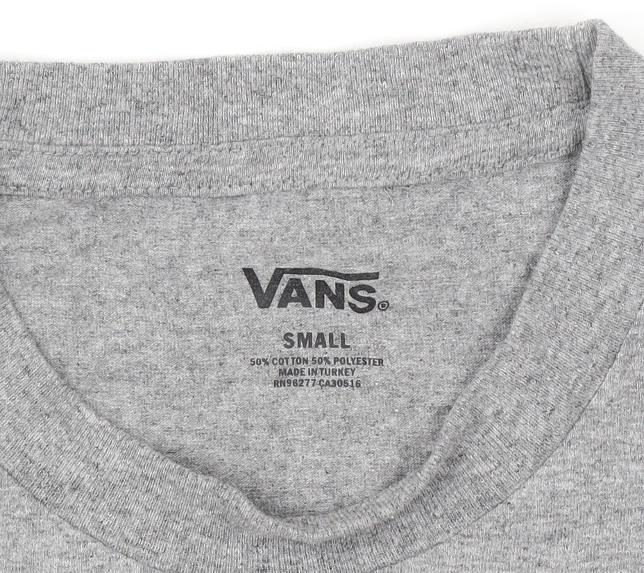 Brand and care label for Vans Men’s Grey Short Sleeve Crew Neck Logo T-Shirt, size S