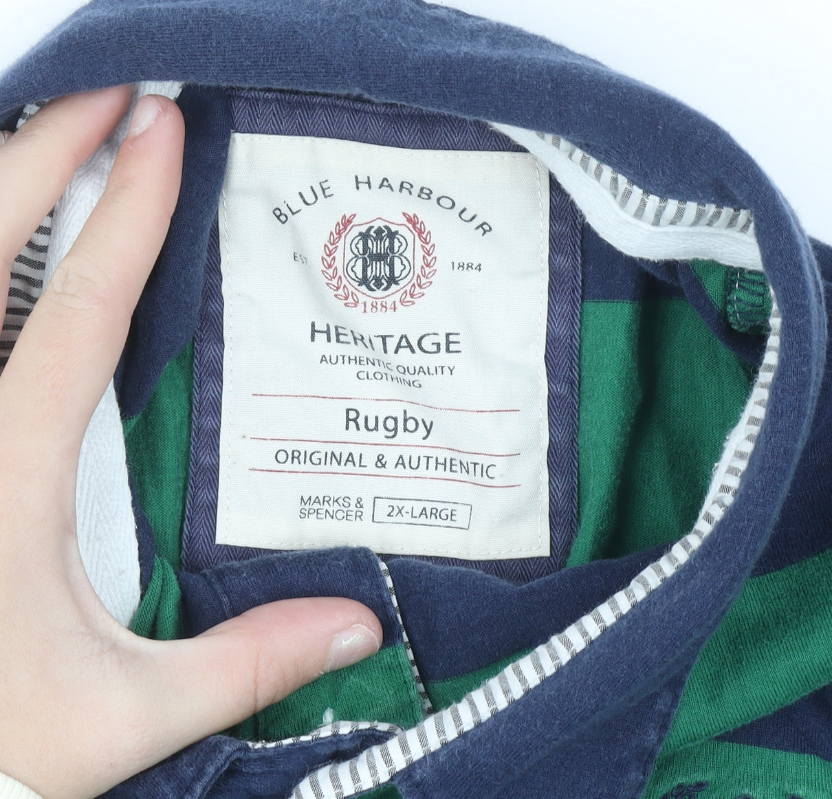 Marks and Spencer Blue Harbour Men's 2XL Navy Green Striped Rugby Shirt