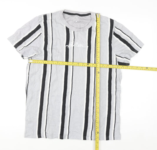 Hollister Men's Grey Striped Cotton Crew Neck T-Shirt Size L