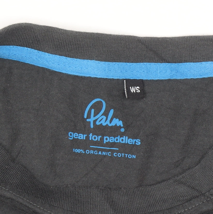 Brand and care label for Palm women’s black organic cotton t-shirt, size S, crew neck casual