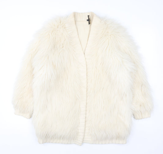Additional front view of River Island women’s ivory faux fur knit coatigan, size UK 10