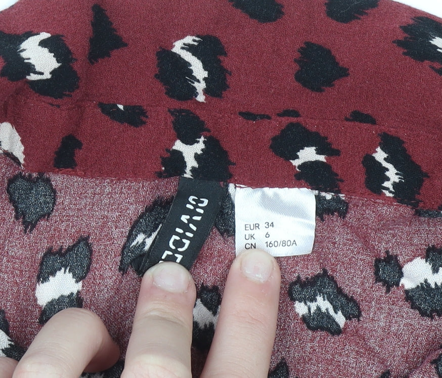 H&M Women Red Leopard Print Blouse UK 6 Short Sleeve Viscose
