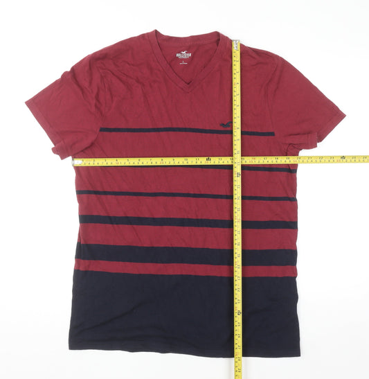 Hollister Men's Red and Navy Striped V-Neck T-Shirt L