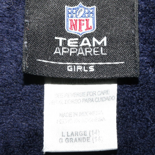 Brand and care label for NFL Team Apparel girls’ blue fleece zip jacket, size 14, teens
