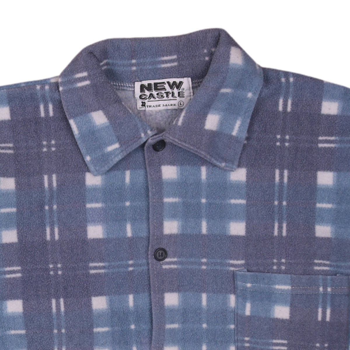 Brand and care label for New Castle Men's Blue Check Fleece Lined Button Jacket L