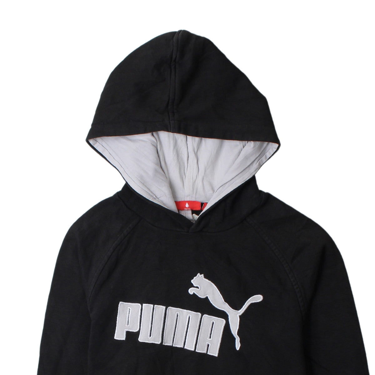 Brand and care label for Puma boys’ black pullover hoodie l logo print cotton blend sweatshirt