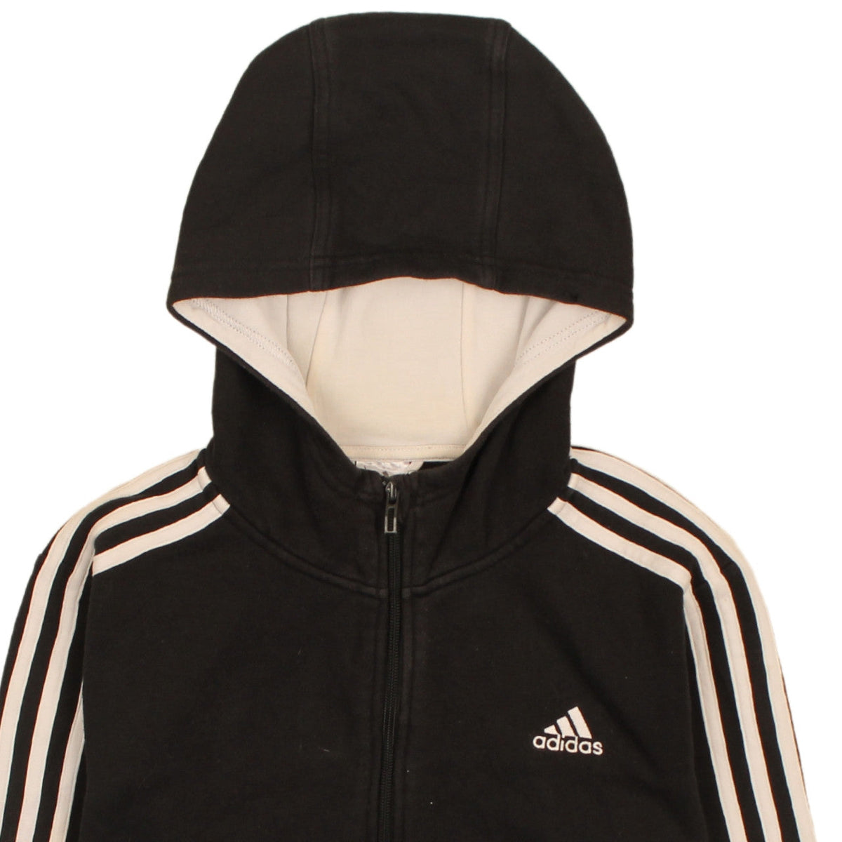 Brand and care label for Adidas boys’ black full zip hoodie 13-14 years classic 3-stripes design
