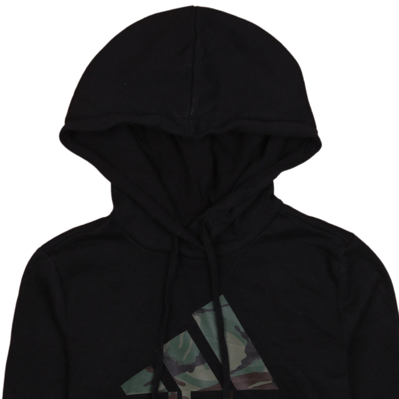 Brand and care label for Adidas women’s black camo logo pullover hoodie xs