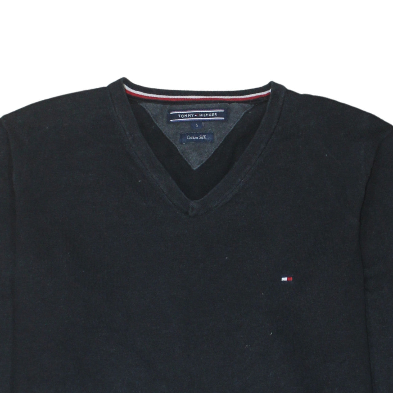Tommy Hilfiger Men's Black Cotton Silk V-Neck Jumper Size S