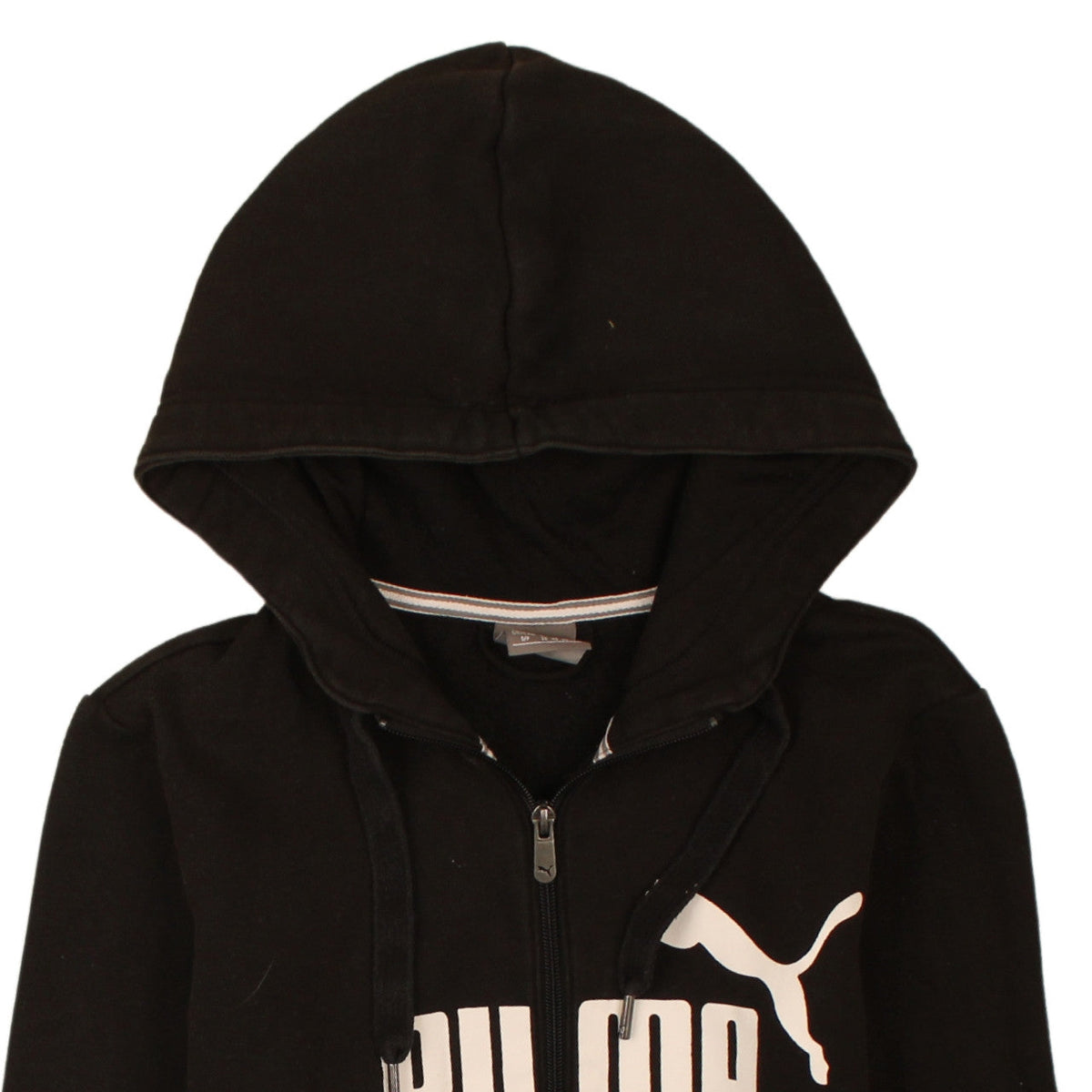 Brand and care label for Puma women’s black full zip hoodie, size UK 10, classic fit