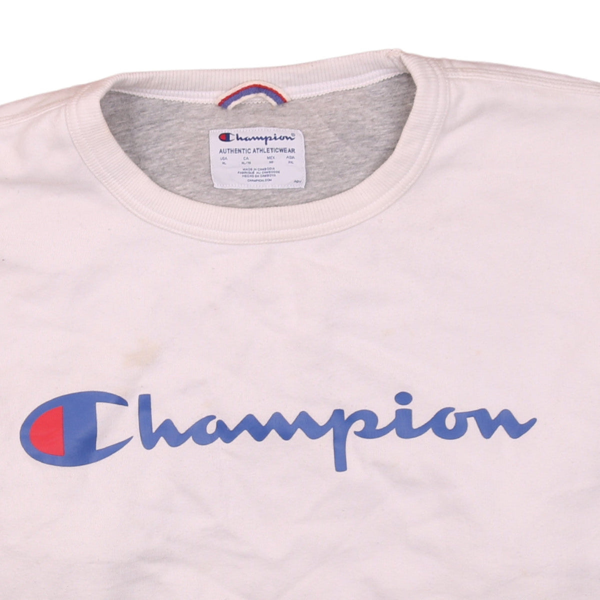 Brand and care label for Champion Men's White XL Crew Neck Logo Sweatshirt
